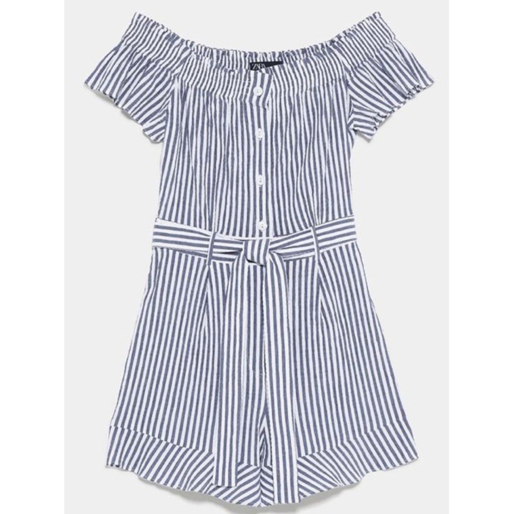 Zara Striped Off The Shoulder Belted Romper Sz XS